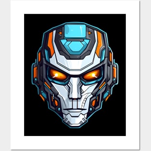 Intimidating Sci-Fi Cyborg Head with Fiery Eyes Posters and Art